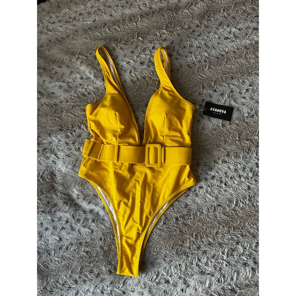 Womens Sexy Deep V Neck One Piece Strappy Bathing Suit with Belt